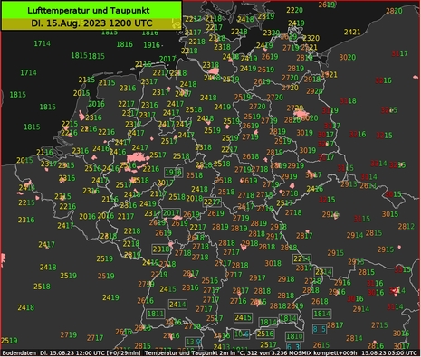 Prognose der Luft- und Taupunktstemperatur für Dienstag, den 15.08.2023 um 14 Uhr MESZ (Quelle DWD - Deutscher Wetterdienst)