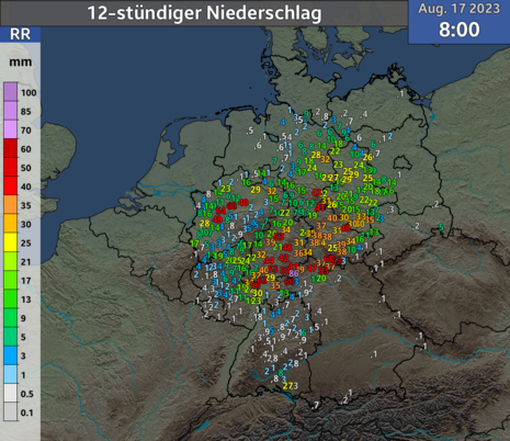 Zwölfstündige Regenmengen von Mittwoch, 20 Uhr bis Donnerstag, 8 Uhr. (Quelle Deutscher Wetterdienst)