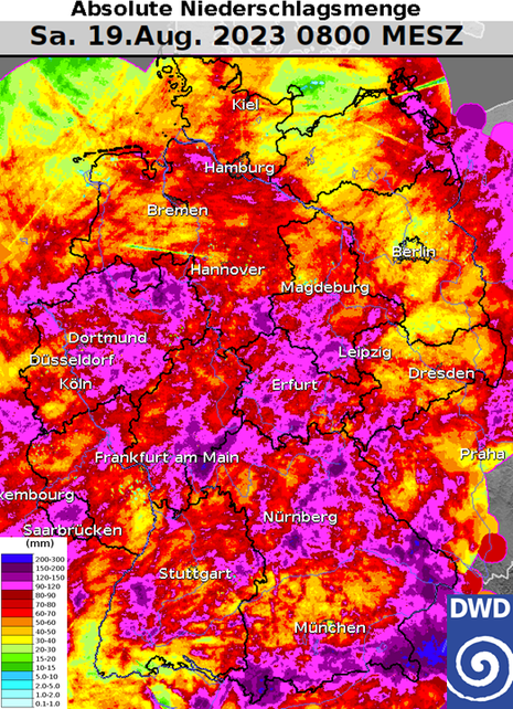Deutschlandkarte mit dem bisherigen, aus RADAR-Daten abgeleiteten Gesamtniederschlag des Monats August.
