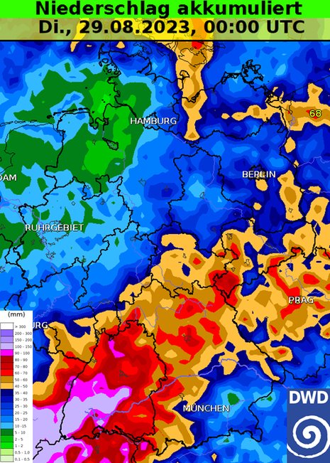 Deutschlandkarte mit der 10-Tages-Niederschlagsvorhersage des IFS-Modells.