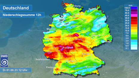 Zeigt die aus den RADAR-Daten abgeleiteten Niederschlagsmengen in Deutschland der vergangenen 12 Stunden an. (Quelle DWD)