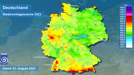 Zeigt die aus den RADAR-Daten abgeleiteten Niederschlagsmengen in Deutschland seit dem 01. Januar 2023 an. (Quelle DWD)
