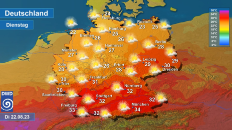Deutschlandkarte mit dem Wetter und der Höchsttemperatur für Dienstag, 22.08.2023 (Quelle DWD)