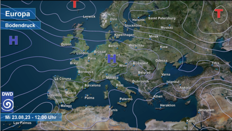 Europakarte mit Isobaren und Druckzentrenbezeichnung für Mittwoch, 23.08.2023 12 Uhr (Quelle DWD)