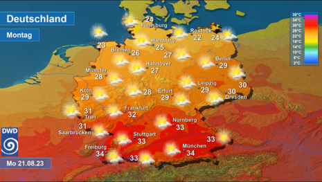 Deutschlandkarte mit dem Wetter und der Höchsttemperatur für Montag, 21.08.2023 (Quelle DWD)