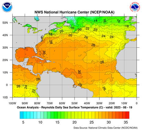 Meeresoberflächentemperaturen über dem Atlantik am 19.08.2023 (Quelle National Hurricane Center (noaa.gov))