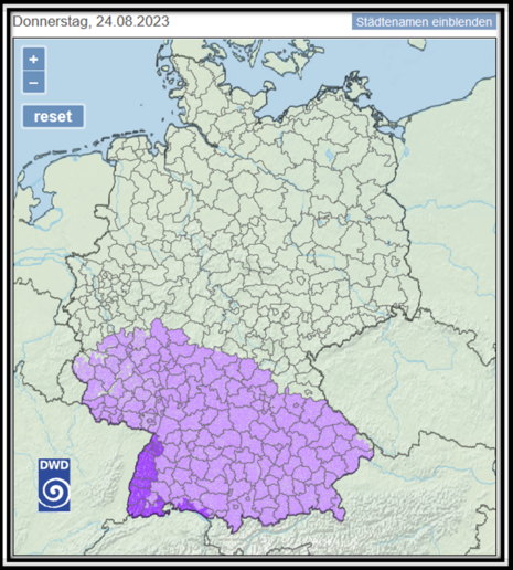 Hitzewarnungen Donnerstag, 24.08.2023 (Quelle DWD - Deutscher Wetterdienst)