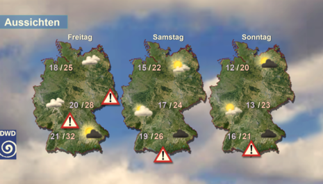 Aussichten von Freitag bis Sonntag, 25.08.2023 - 27.08.2023 (Quelle DWD - Deutsch Wetterdienst)