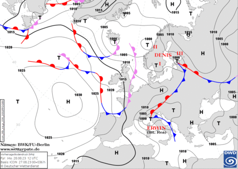 Frontenvorhersage für Mo., 28.08.2023, 12 UTC