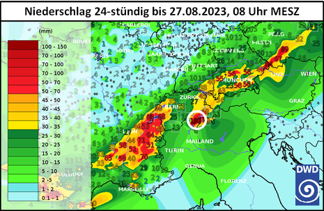 24-stündige Niederschlagssumme bis Sonntag, 27.08.2023, 08 Uhr MESZ