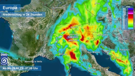 Europaausschnitt mit 24-stündiger Niederschlagsmenge bis Montag, 28.08.2023 7 Uhr (Quelle DWD)