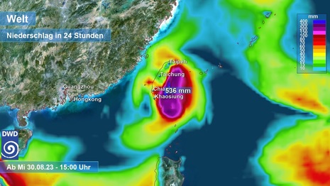 Kartenausschnitt Südostasien mit Fokus auf Taiwan, Vorhersage 24-stündige Niederschlagsmenge Mittwoch/Donnerstag, 30./31.08.2023 (Quelle: DWD) (Quelle DWD)