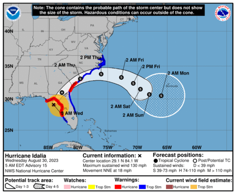 Prognose des Sturmfeldes, der weiteren Zugbahn und der aktiven Warnungen (Quelle National Hurrican Center)