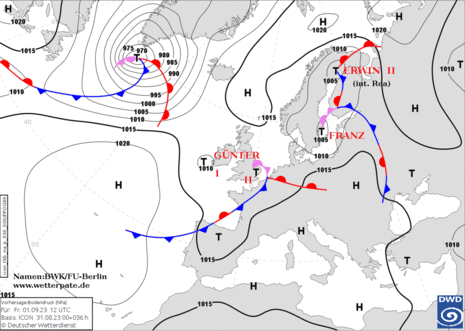 Wetterlage am Freitag, 01. September, mit Tief Günter über den Britischen Inseln. (Quelle DWD - Deutscher Wetterdienst)