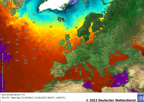 Diese Grafik zeigt die Wassertemperaturen im Mittelmeer vom 13.09.2023 (Quelle DWD - Deutscher Wetterdienst)