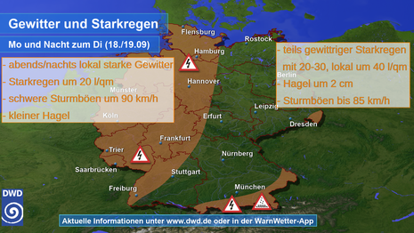 Erwartete Wettererscheinungen am Montagnachmittag und in der Nacht zum Dienstag (18./19.09.2023)