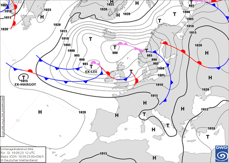 Prognose für die Lage der Druckgebilde und Fronten am Dienstag, den 19.09.2023 um 12 UTC