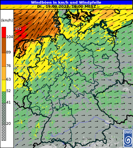 Windvorhersage (Böengeschwindigkeit und Windpfeile) auf Basis des ICON-D2-Modells für Dienstagnachmittag, den 19.09.2023