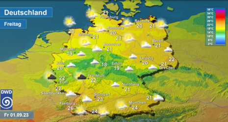Vorhersage der Tageshöchsttemperaturen in Deutschland am Freitag, 01.09.2023