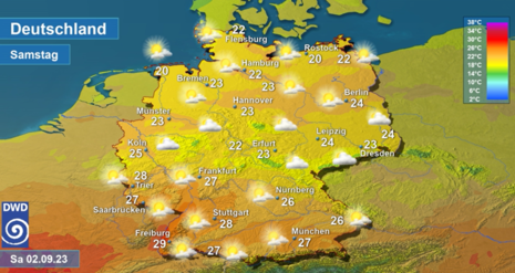 Vorhersage der Tageshöchsttemperaturen in Deutschland am Samstag, 02.09.2023