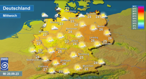Vorhersage der Tageshöchsttemperaturen in Deutschland am Mittwoch, den 20.09.2023