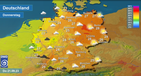 Vorhersage der Tageshöchsttemperaturen in Deutschland am Donnerstag, den 21.09.2023