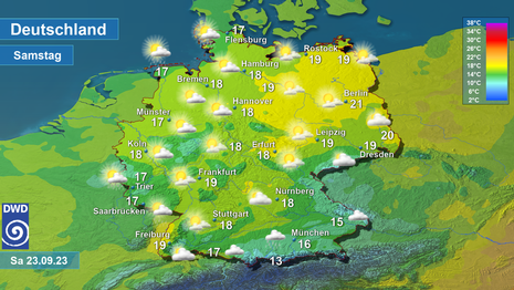 Vorhersage Wetter und Höchstwerte in Deutschland am Samstag, den 23.09.2023