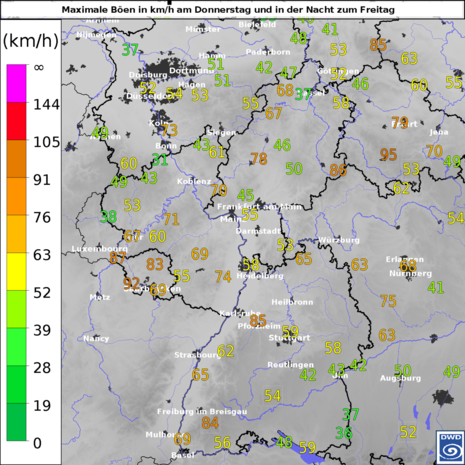 Maximale gemessene Windböen am Donnerstag (21.09.2023) und in der Nacht zum Freitag (22.09.2023)