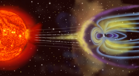 Verformung des Magnetfeldes durch den Sonnenwind (Quelle Wikipedia)