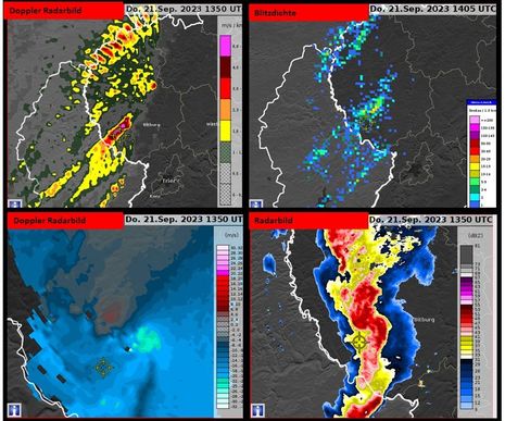 Rotationsstrukturen, Blitzdaten und Radarreflektivitäten, sowie die Lage des auftretenden Eifel-Tornados vom 21.09.2023. (Quelle DWD)