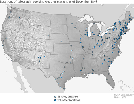 Telegraphenbasierte Wettermeldestellen in den USA im Dezember 1849; Ehrenamtliche (dunkelblau) und US Army (hellblau). (Quelle The National Oceanic and Atmospheric Administration (NOAA)))