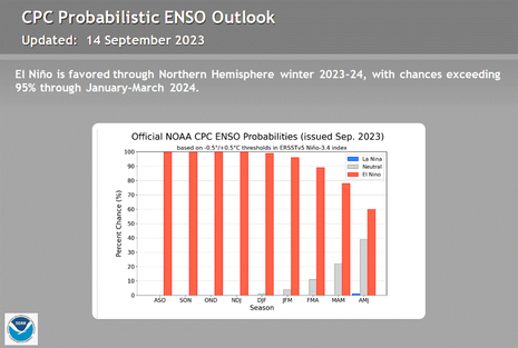 El-Niño - Aktuelle Vorhersagen zeigen mindestens bis März 2024 El-Niño-Bedingungen. (Quelle NOAA )