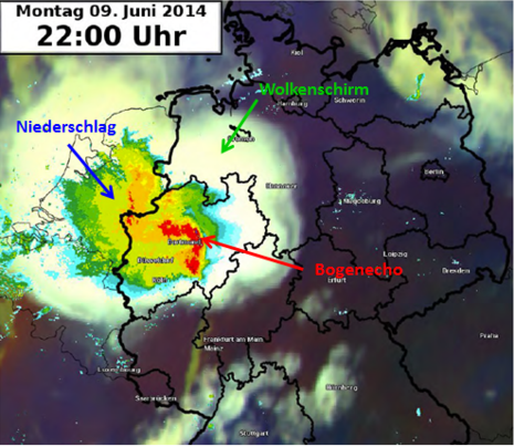 Mesoskaliger konvektiver Komplex (MCC) vom 9. Juni 2014 (Quelle Deutscher Wetterdienst)