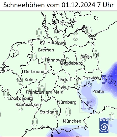 Deutschlandkarte mit den Schneehöhen vom 01.12.2024, 7 Uhr (Quelle: Deutscher Wetterdienst)