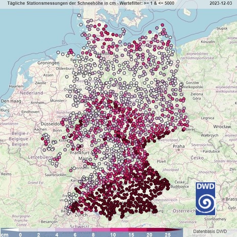 Deutschlandkarte mit den Schneehöhen vom 03.12.2023, 7 Uhr (Quelle: Deutscher Wetterdienst)