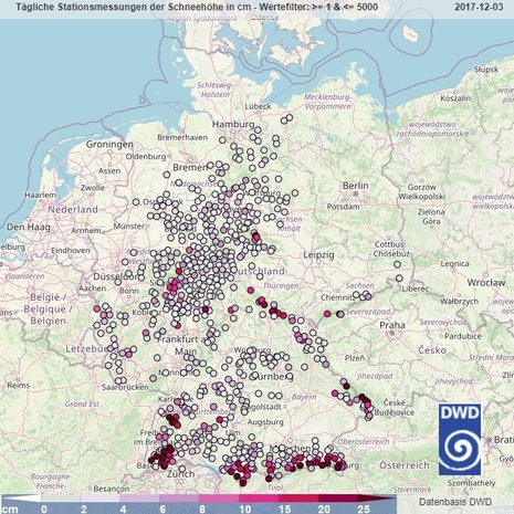 Deutschlandkarte mit den Schneehöhen vom 03.12.2017, 7 Uhr (Quelle: Deutscher Wetterdienst)