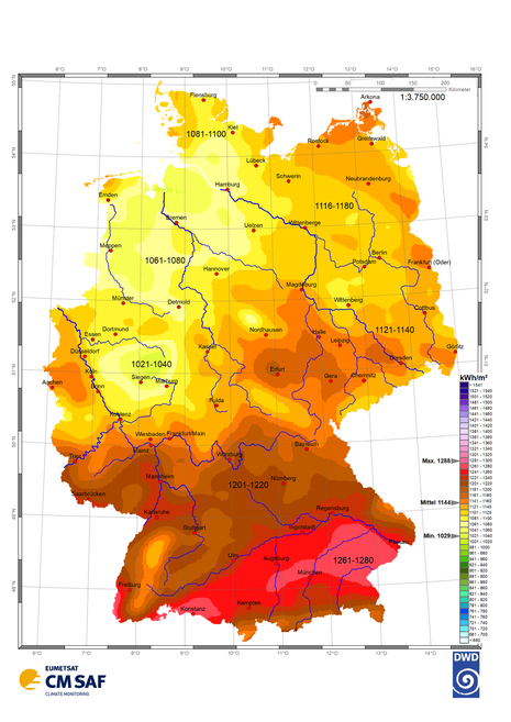 Deutschlandkarte zeigt Globalstrahlung in der Fläche für das Jahr 2023.