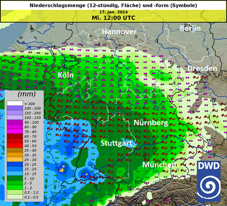 12 stündige Niederschlagsmenge und -form für Mittwoch von 00 - 12 UTC