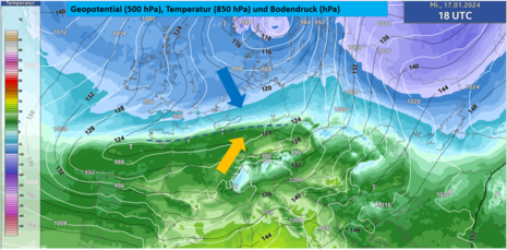 Diese Grafik zeigt die Modellvorhersage der Luftmassengrenze (gestrichelte Linie, sowie das Geopotential in 500 Hektopascal, die Temperatur in 850 Hektopascal und den Bodendruck am 16.01.2024 um 18 Uhr Weltzeit. (Quelle DWD)