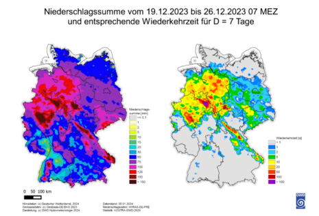 Niederschlagssumme (Basis: HYRAS-DE-PRE) vom 19.12. bis 25.12.2023 (links) und dazugehörige Wiederkehrzeit (rechts) (Quelle DWD)