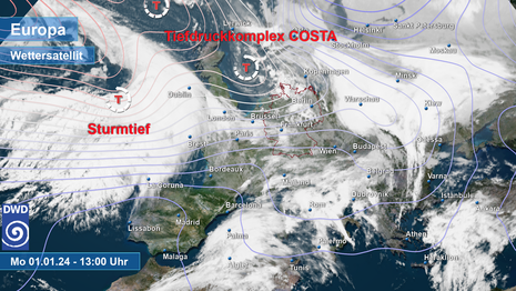 Luftdruckverteilung (Linien) und Satellitenbild vom 01.01.2024, 13 Uhr. (Quelle DWD)