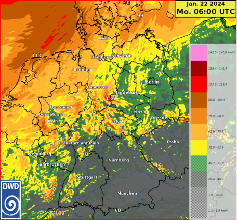 ICON-D2-Prognose der einstündigen, maximalen Windböen am Montag, den 22.01.2024 06 UTC
