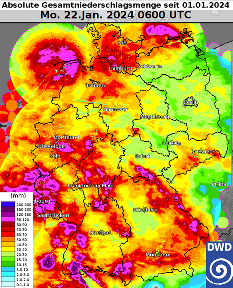 Deutschlandkarte zeigt die bisherigen Niederschlagsmengen im Januar 2024.