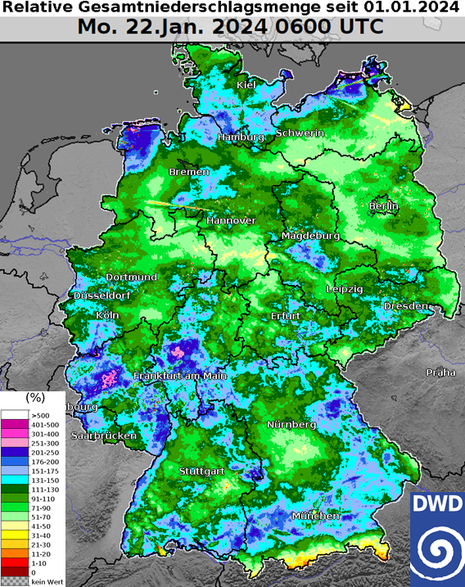 Deutschlandkarte mit einer flächigen Farbdarstellung der relativen Gesamtniederschlagsmenge im Januar in Bezug auf das klimatologische Mittel
