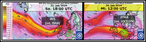 Wind und Geopotenzial in 300 hPa. (Quelle DWD)