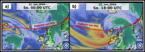 Lage und Zugbahn des Sturmtiefs IRIS. (Quelle DWD)