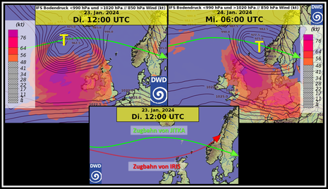 Vorhersagen des EZMWF Modells für das Sturmtief JITKA (Quelle DWD)