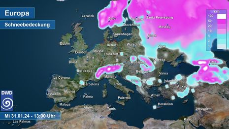 Aktuelle Schneebedeckung in Europa vom Mittwoch, den 31. Januar 2024 (Quelle DWD)