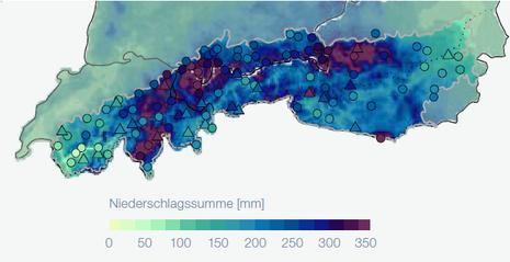 Räumliche Verteilung der Niederschlagssummen im August 2023, dargestellt in Absolutwerten (Millimeter beziehungsweise Liter pro Quadratmeter) (Quelle DWD, MeteoSchweiz, Geosphere Austria (2023): Alpenklima Sommerhalbjahr 2023: Klimazustand in den Zentral-