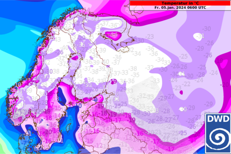 Diese Grafik zeigt die Temperaturen über Skandinavien vom 05.01.2024 um 06 UTC. Dabei wurden verbreitet Werte um -30 Grad verzeichnet. In Nordskandinavien teils sogar unter -40 Grad. (Quelle DWD)